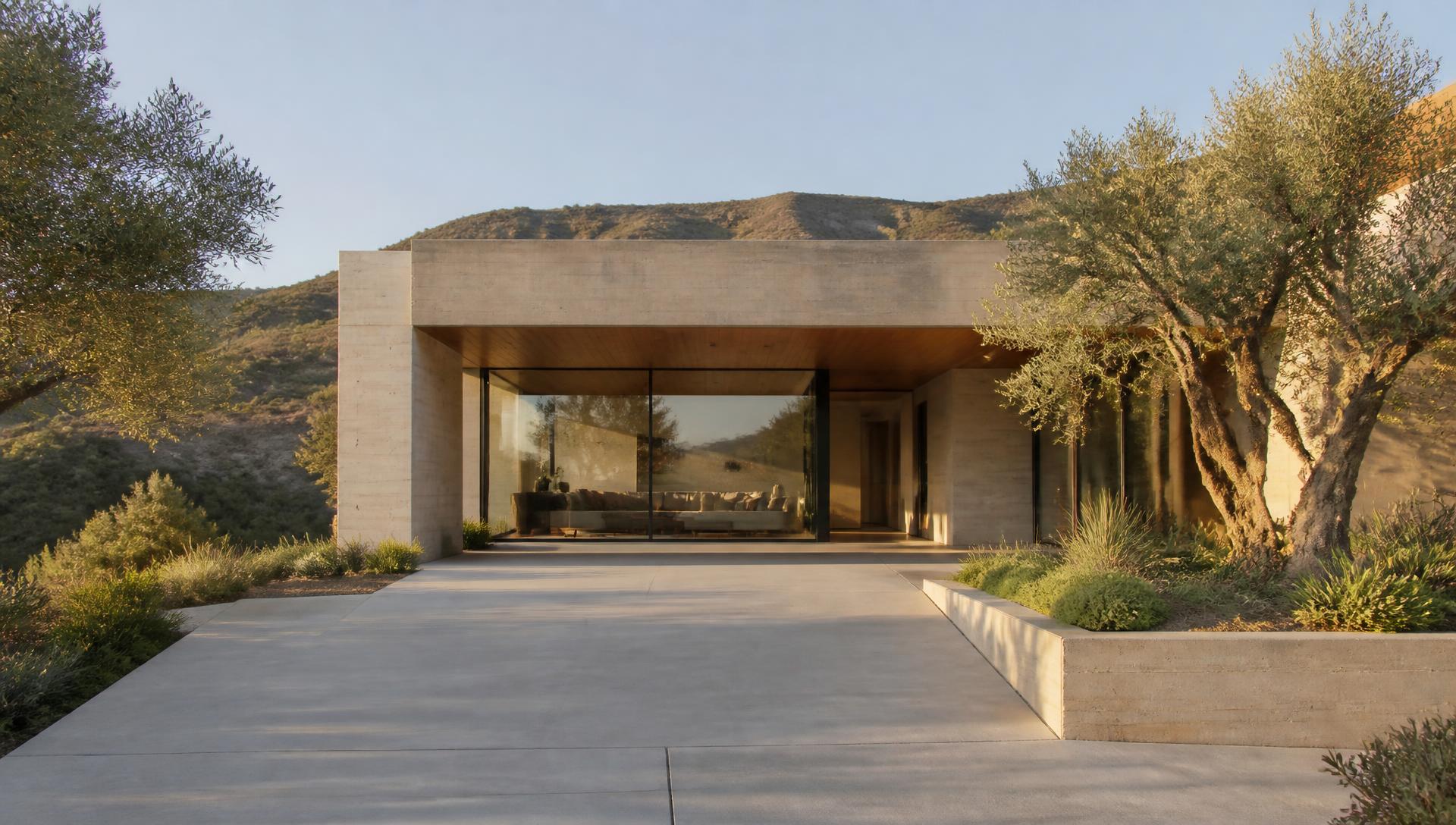 Modern Southern California residence with board-formed concrete walls, warm oak soffits and full-height glazing in late-afternoon light