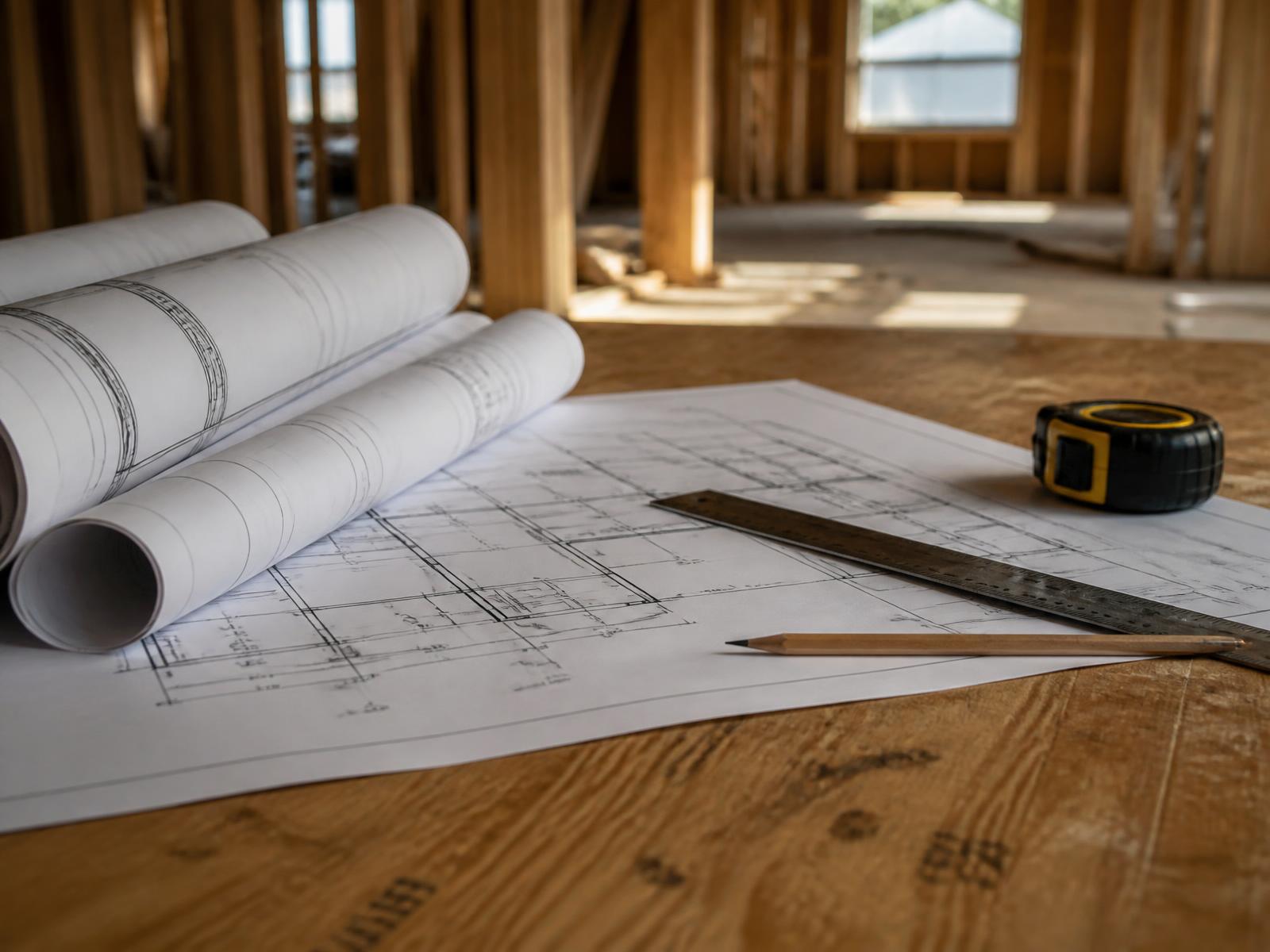 Architectural drawings, a scale ruler and a tape measure on a plywood table inside a framed structure