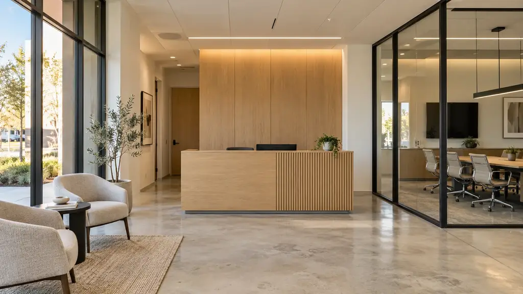 Office reception with white oak millwork, honed concrete floors and a glass conference room