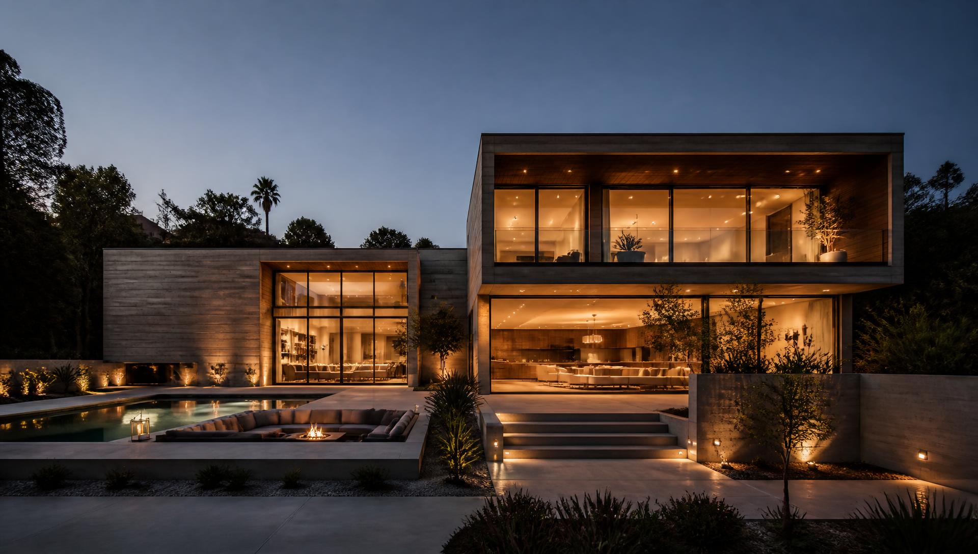 Modern two-story home at dusk with warm interior lighting and a concrete pool terrace